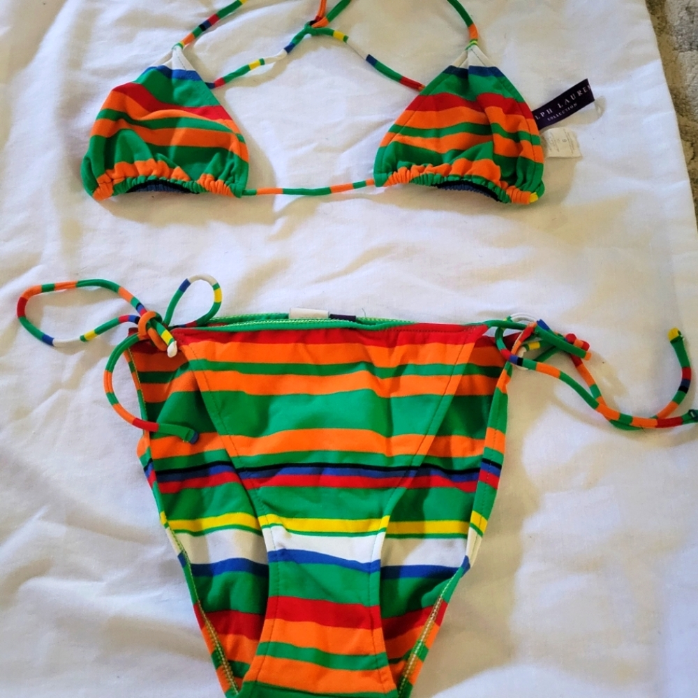 Ralph Lauren Purple Label Green Orange Striped Triangle Bikini